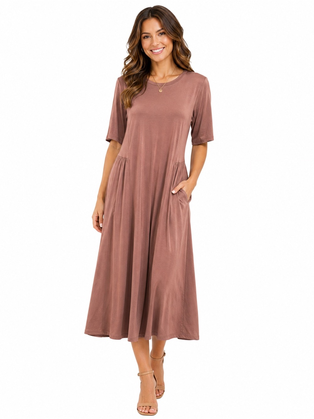 LOGO by Lori Goldstein Plum Midi T-Shirt Dress Small | Cotton Modal Pocket Dress